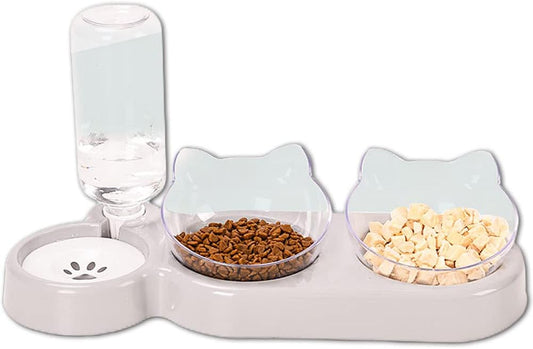 3-in-1 Cat Food & Water Bowl Set – Includes stand, double bowls & water dispenser for cats and small dogs.
