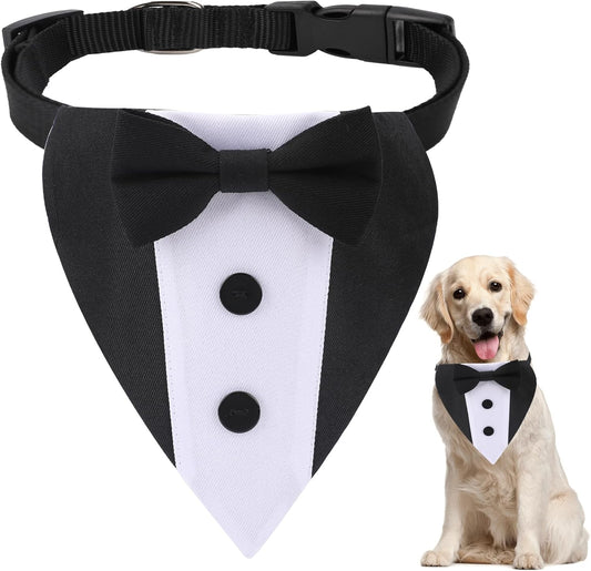 Dog Tuxedo Bandana Collar – Adjustable formal suit with bow tie for small to large dogs, perfect for weddings & parties.